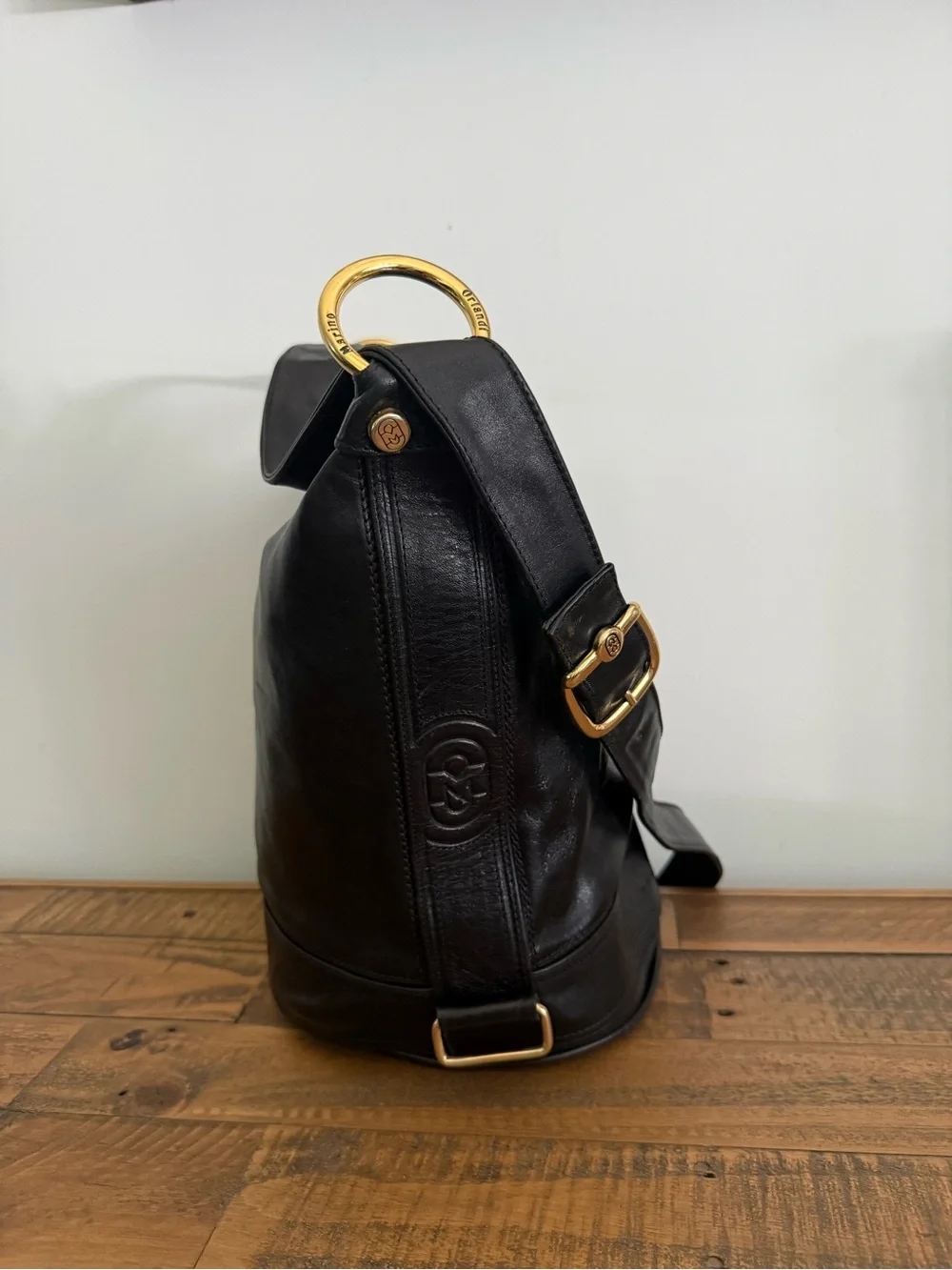 Marino Orlandi Black Leather Sling Bag Bucket Hobo with Gold Accents